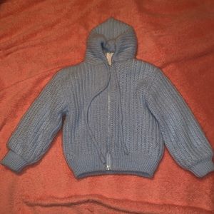 Kid’s Vintage 80s All Mine Baby Pastel Blue Knit Winter Full Zip Hoodie